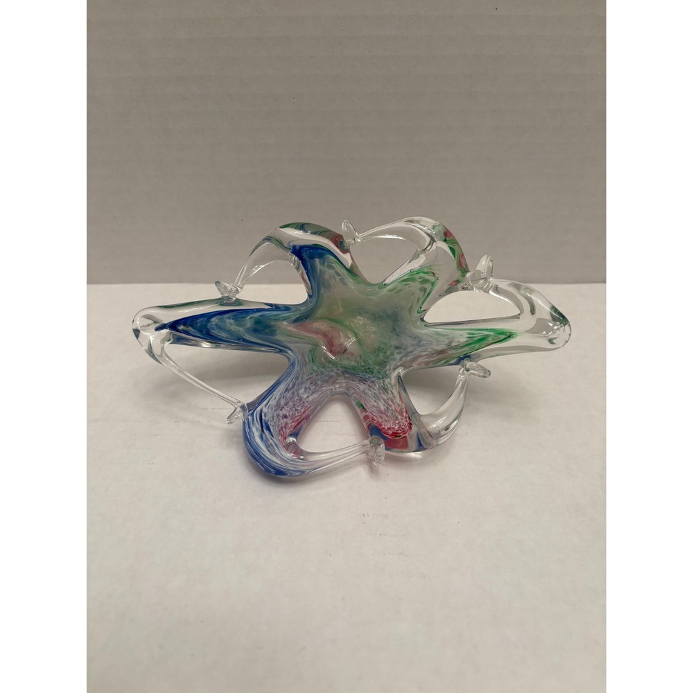 Murano Style Art Glass Splash Bowl Multi Color Swirl Star Centerpiece Dish - Picture 3 of 4